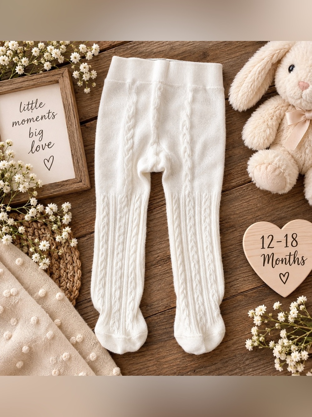 Baby Girls Cream Cable Knit Footed Tights 12–18 Months Ivory Cozy Fall Winter